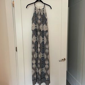 Navy and white patterned stretch maxi dress